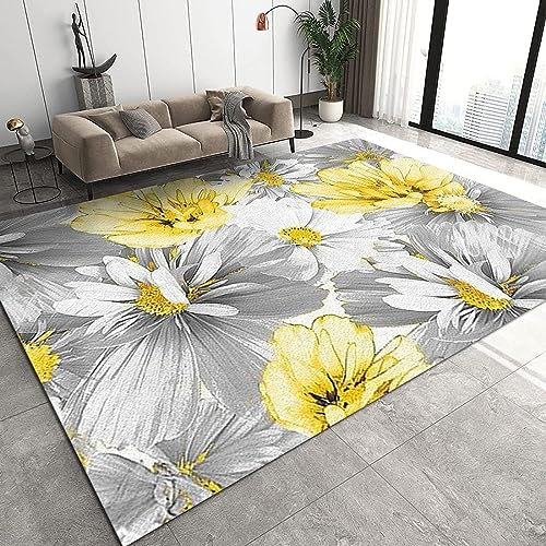 TEMLAN Weißes Und Gelbes Vintage-Blumenmuster Teppiche Gegend, Vintage Graue Blumen Kinderteppich für Drinnen und Draußen Terrasse Balkon Garten Wohnzimmer 80 x 150cm