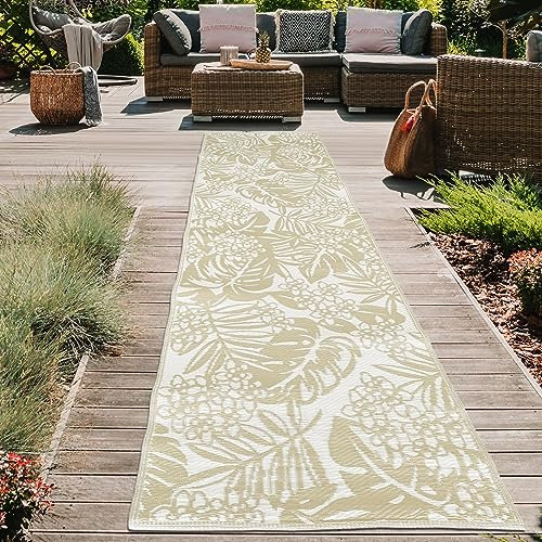 Teppich-Traum Wetterfester Outdoor Teppich Kunststoff wasserfest Garten Balkon Terrasse Camping Läufer lang Blätter-Design beige 90 x 300 cm