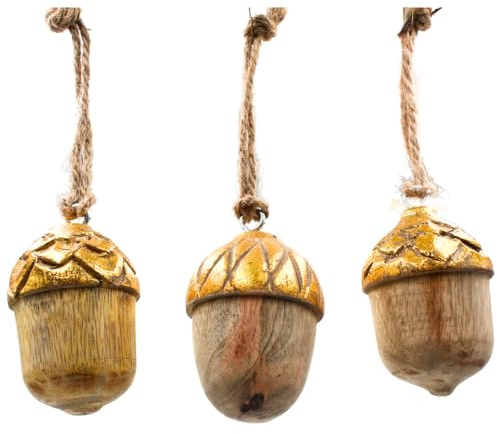 Dekohelden24 Dekohänger - Baumanhänger - Baumbehang - Dekofigur als Eichel aus Mangoholz Natur mit Kordel, Gold, im 3er Set L/B/H je Anhänger 5 x 5 x 6 cm
