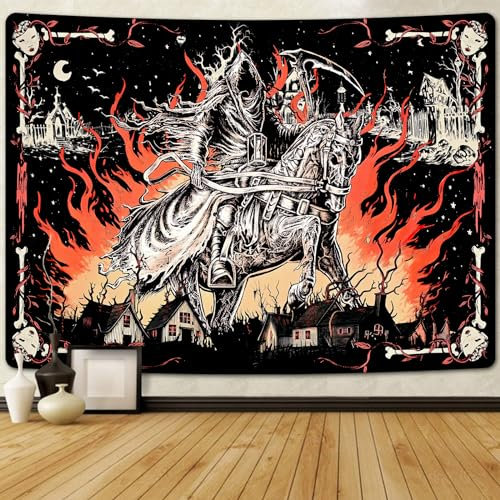 Uspring Mittelalterlicher Ritter, gruseliger Totenkopf-Flammen-Tapisserie, schwarzer Hintergrund, großer Horror-Wandbehang für Schlafzimmer, Heimdekoration (150,1 x 210,1 cm)