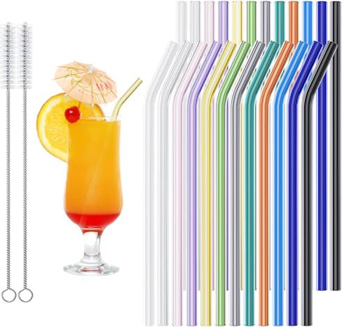 24 Stück Glasstrohhalme Bunt, 21.5cm Strohhalme Glas Farbige, Glasröhrchen 12 Gebogen und 12 Gerade Wiederverwendbar, Dauerhaft Strohhalme Glas mit 2 Reinigungsbürsten MEHRWEG