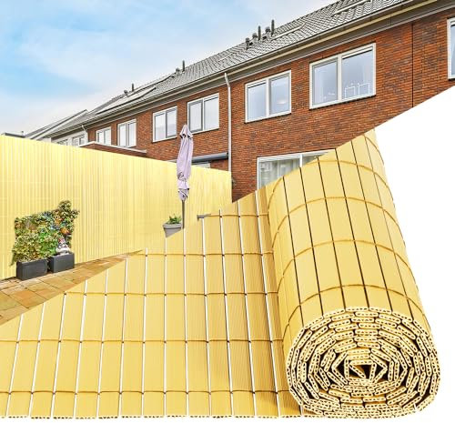 Tubiaz PVC Sichtschutzmatte 90×1000cm, Sichtschutz im Garten mit W-förmiger Interner Verstärkung, Sichtschutzzaun Wetterfester für Balkon, Garten und Terrasse, mit Kabelbinder (Bambus)
