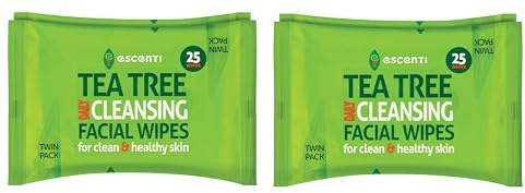 Tea Tree Daily Cleansing Facial Wipes Twin Pack - Gentle Cleansing, Removes Makeup, Dirt, and Impurities - Enriched with Tea Tree and Peppermint Oil by Escenti (2, Tea Tree Facial Wipes, 20 Pack x 2)