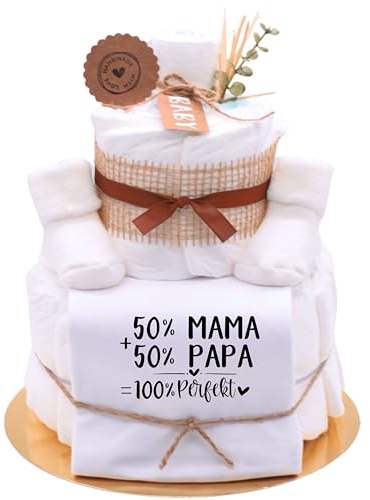Trend Mama® | Sprüche Windeltorte Babybody Neutral Unisex | Baby Body und Kuschelsocken | Babygeschenk zur Geburt (MOTIV | 50% Mama+50% Papa= 100% Perfekt, BABYBOY | 50-56)