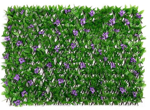 Paneles de la Cerca del Enrejado Decoración de la Sala de Plantas Falsas del Enrejado Artificial Enrejado con Hojas Artificiales y Flores púrpuras Trellis 15.75 Pulgadas