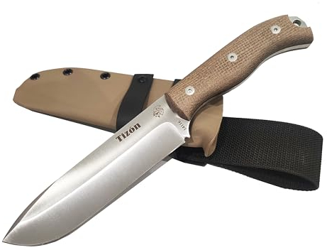 J&V Tizón Cuchillo de Supervivencia Bushcraft Pesca Caza Campo y Outdoor, Cuchillo de Hoja Fija de 15,5 cm, Funda, Fabricado en España