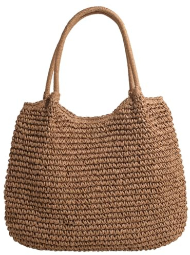 Starnearby Sac de Plage en Paille Femme, Tote Bag à Main Tissé, Sac Porté Épaule Élégant, Cabas Fourre-tout Mode Vintage pour Voyage, Date et Vacances