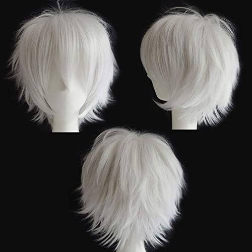 YEESHEDO Unisex Short Bob Anime Cosplay Wigs Full Natural Layer Straight Fluffy Hair Costume Party Fancy Dress Wig (White)