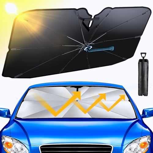Parasol Coche Delantero 145 * 79CM, Behozel 2024 Upgrade, Parabrisas Paraguas Rotación 360°, Plegable, Borde Antirayaduras, Protección UV, Aislamiento Térmico, para la Mayoría de Autos y SUV (XL)