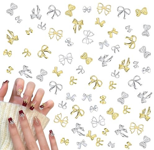 Bow Nail Charms,300PCS Gold Silver 3D Nail Art Bows,Metal Alloy Bowknot Bow Tie Nail Gems and Charms for Nail Art Design Decorations DIY Crafts Jewelry Accessories