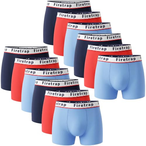 Firetrap Mens 12 Pack Designer Boxer Shorts, Underwear Gift Set Trunks Comfortable Stretch Cotton Plain Colours Mens Briefs Sky, Navy, Red L