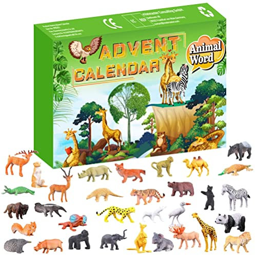 Waldtieren Adventskalender 2024 für Kinder Mädchen Dschungeltierfiguren Spielzeug Adventskalender 2024 24-teilig Weihnachts Countdown Zootiere Giraffe Elefant Tiger Gorilla