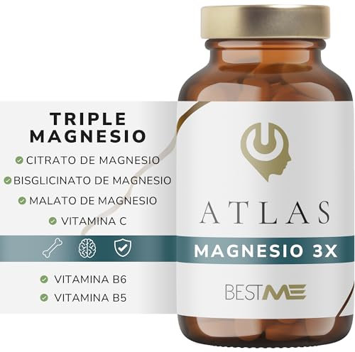 Triple Magnesio 3X Citrato, Bisglicinato y Malato 988 mg | Reduce el Cansancio y la Fatiga, Alivia el Dolor Muscular y Articular, Regula el Sistema Nervioso, 60 Cápsulas con Vitaminas C/B6/B5 (Atlas)