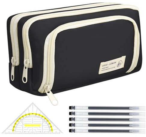 Halinuia 7 Pcs Federmäppchen Groß, Mäppchen Aesthetic mit 1 Dreieck Lineal 5 Stifte, Federmappe mit 3 Fächer Pencil Case für Jungen, Mädchen, Schüler und Erwachsenefür Schule Büro (Schwarz)