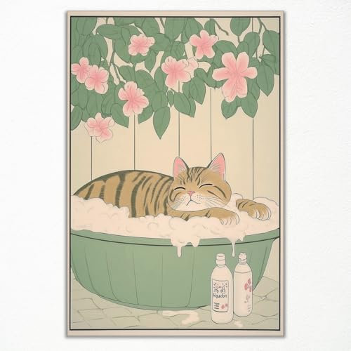 Katzen-Wandkunst, lustiges Badezimmer-Leinwand-Poster, eine Blasen-Badewanne mit niedlicher japanischer Katzenmalerei, asiatisches Tierbild, rosa Blumen, Wanddekoration für Toilette, 30,5 x 40,6 cm,