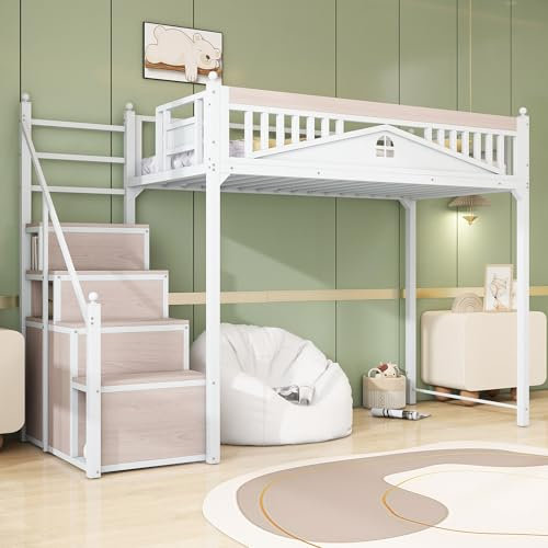 MOBETTRES Letto a soppalco in metallo 90 x 200 cm, recinzione di sicurezza in metallo con sfera e design finestra, scaletta da arrampicata intercambiabile da sinistra a destra, scala di sicurezza con