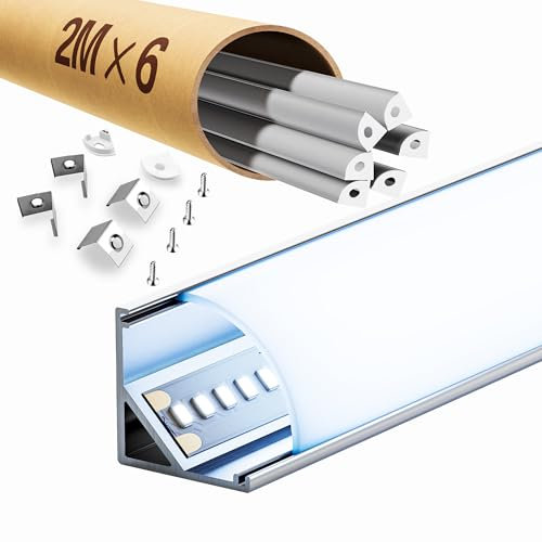 ClarivantiLED LED-Eckprofil 45°, Aluminiumprofil 2m, Schiene für 10mm Streifen, LED Kanal mit milchig-weißem Diffusor, Größe 15×15mm