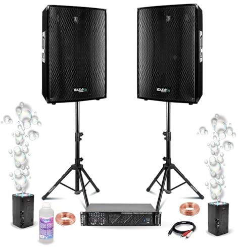 Ibiza - DJ-Set 2 Lautsprecher Ibiza DISCO15B 2 x 700 W – Standfuß – Verstärker belüftet 2 x 800 W AMP1000-MKII – 2 Seifenblasenmaschinen