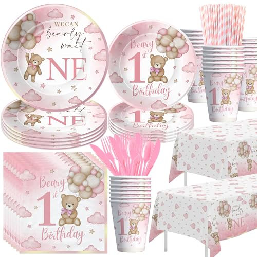 YJRJSC Bear 1st Birthday Decorations Girl, Pink Teddy Bear Theme We Can Bearly Wait One Party Supplies Tableware, First Birthday Paper Plate, Cup, Tablecloth, Napkin, Cutlery, Straws, Serves 24
