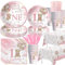 YJRJSC Bear 1st Birthday Decorations Girl, Pink Teddy Bear Theme We Can Bearly Wait One Party Supplies Tableware, First Birthday Paper Plate, Cup, Tablecloth, Napkin, Cutlery, Straws, Serves 24