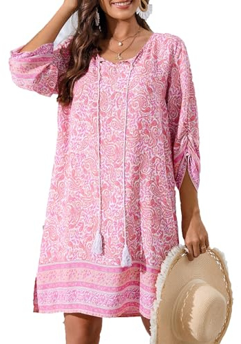 Zeagoo Women Summer Dresses Bohemian Floral Beach Dress Tunic Dress | Ladies Beach Dress,3/4 Sleeve Dresses,V-Neck Dress for Women UK
