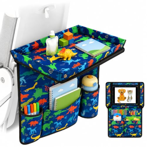 Adjustable Kids Tray Table Cover with Multi Portable Pockets, Airplane Travel Essentials for Kids, Toddlers, Adults, Airplane Must Haves, Plane Travel Essential, Travel Tray for Plane Train, Dinosaur