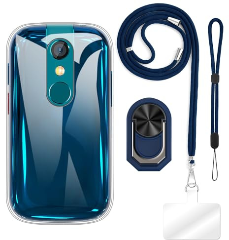 ESACMOT Zubehör-Bundle für Hülle für Unihertz Jelly Star - Klar+Blau | 3 4-in-1-Kombo inklusive TPU-Hülle, Crossbody-/Nackenlanyard, Handgelenkband und Fingerringständer