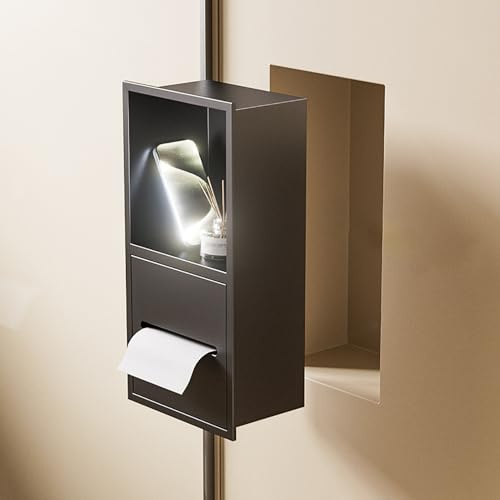 Toilettenpapierhalter Unterputz Schwarzer Wandmontierter Toilettenpapierhalter mit Telefonablage, Wasserdichter Vertiefter Taschentuchbox-organisator, Eingebauter Duschaufbewahrungsschrank für Bad