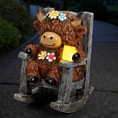 Miniature Solar Highland Cow Gifts Outdoor Garden Statue for Mom | Unique LED Cup Light, Funny Rocking Chair Design for Lawn Balcony Yard Patio