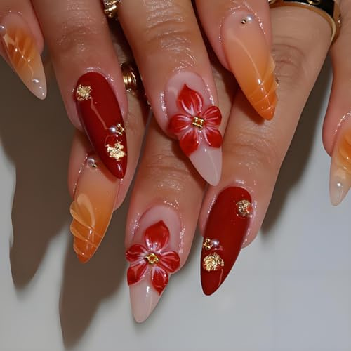 24 Press-On False Nails, Long Stiletto, Red Orange Floral Gradient Set | Gold-Coloured Details, Pearl-Like Decorations, Raised Flowers, For Summer Manicures At Home And Social Occasions