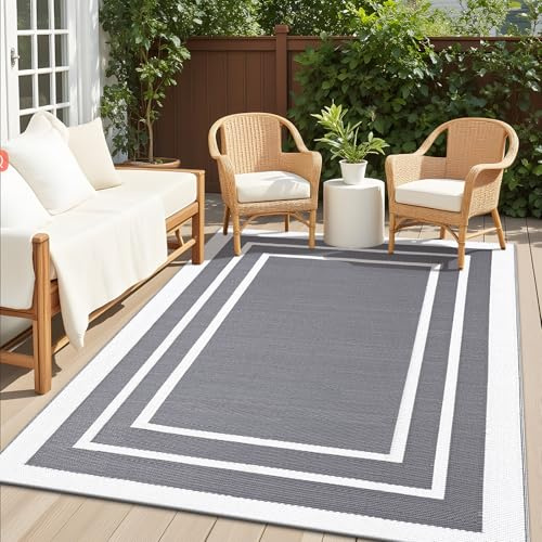 Homaxy Outdoor Teppich Wetterfest, 180x270cm, Grau & Weiß | Kunststoff Stroh UV-beständig Wendbar Faltbar Waschbar Balkon Garten Teppich für Terrasse Camping Picknick