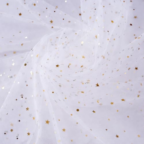 1PC Tüllstoff Glitzer 190 X 170 cm, Weiß, Dekostoff Mit Sternen, Funktionsfähiger Tüll für Tischläufer, Basteln, Tutu-Röcke, Hochzeitsdekoration und kreative Projekte