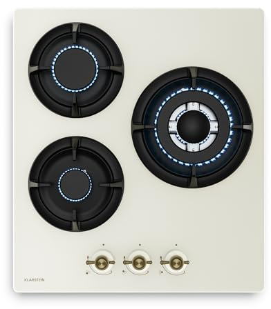 Klarstein Victoria Gasherd, 3-Brenner Gaskochfeld, 6050W, 45cm Glas, Retro-Design, Flüssiggas & Erdgas, Elektrische Zündung, Flammenausfallschutz, inkl. Umrüstsatz & Schlauchset, Sahne