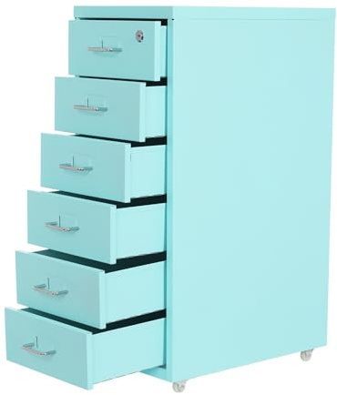 Aktenschrank Büroschrank mit 6 Schubladen(8-10kg Tragkraft pro Ebene),28x41x69cm Rollcontainer Schubladenschrank für Hause & Büro Mehrzweckschrank aus Stahl für Sortieren Akten & Bürozubehör(Blau)