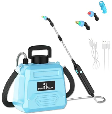 Pompa Irroratrice a Batteria 5L, Spruzzatore Elettrico da Giardino 1800mAh, 2 Modalità & Lancia Telescopica, Spruzzino Automatico per Piante, Diserbo e Prato (Blu)
