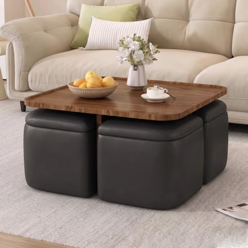 Coffee Table with Stools, Wood Tables with 4 Ottomans & Seats, Modern Table with Chairs for Living Room, Small Space, Walnut + Black