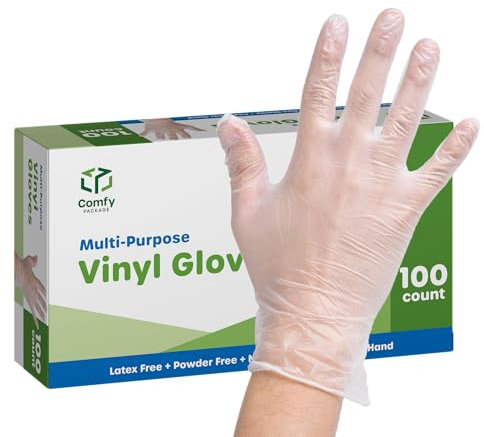 Comfy Package 100 pezzi di guanti monouso in vinile trasparente senza polvere, taglia - L