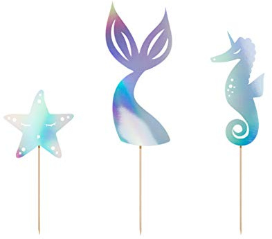 Set of 3 Mermaid Party Cake Toppers - Iridescent, Birthday Party Cake Decoration Toppers