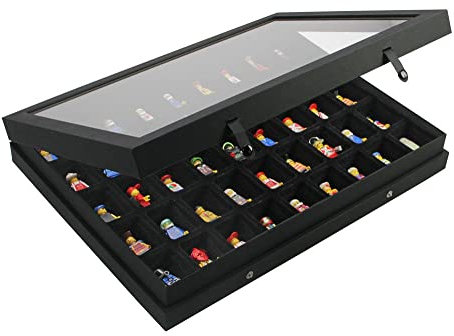 SAFE ALBUMS Premium Black Showcase with 45 compartments (36 x 49 x 25 mm). Real Glass Cover. Ideal for Lego or Figurine Collection Storage and display