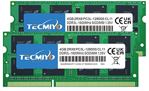 TECMIYO 8GB Kit (2x4GB) PC3L-12800S Sodimm DDR3L / DDR3 Memoria Ram 1600MHz CL11 1.35V/1.5V 204Pin Non-ECC Unbuffered SODIMM Laptop Memory DDR3 Ram Module