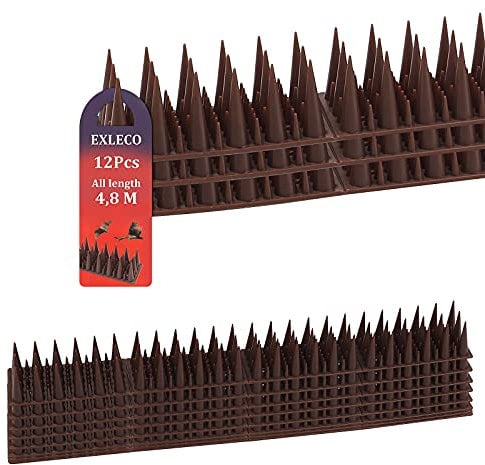 EXLECO Ahuyentador de Pájaros de Plástico, 4,8 Metros, 12 Unidades, 3 Filas, Pinchos para Gatos, Gorriones, Martas, Vallas, Alféizares de Ventana, Techo | Marrón