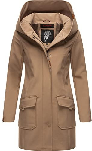 MARIKOO Damen Übergangsjacke Softshellmantel wasserdicht atmungsaktiv mit Kapuze Mayleen Taupe Gr. S