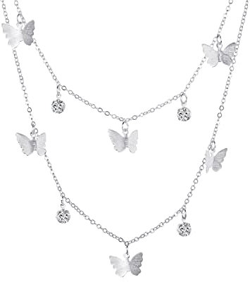 Vintage Zweireihig Halskette mit Schmetterling Anhänger Silber für Frau Frauen Mädchen Damen,Boho Mehrreihige 2 Reihig Retro Butterfly Necklace Choker Kette Mode Schmuck Freundin Mutter Geschenke