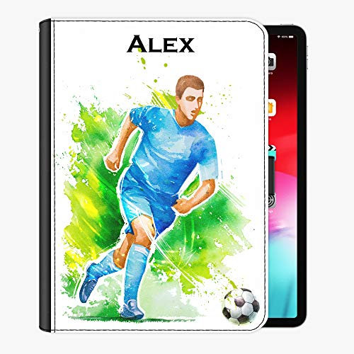 Personalised Initial Case For All Apple iPad Models 10, 9, 8, 7, 6, Air 11, Pro 12.9,13 inch, Mini, Blue Kit Football/Soccer Player Design with Name/Text, 360 Swivel PU Leather Side Flip Folio Cover
