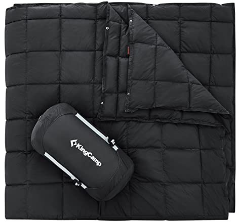 KingCamp Campingdecke, Thermodecke, Ultraleicht, multifunktional, warm, für Reisen, Outdoor, mit Druckknöpfen, leichte Schlafdecke für Wandern, Picknick, Zuhause, Auto, 213 x 203 cm, Schwarz
