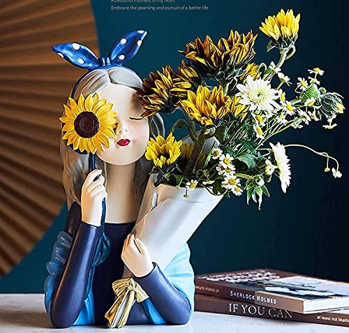 YYDSA Pots de Fleurs, Fille Sculpture Cache-Pot, Résine Portrait Flowerpot Creative Vase de Fleurs, Statue Extérieur Pot, Accessoires de Décoration,Statue De Bureau,pour Bureau,Salon Cafés (Blue)