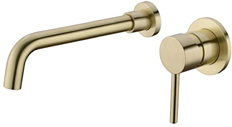 Bathroom Brass Basin Hot and Cold Mixer Tap 26CM Swivel Spout Wall-Mounted Concealed Sink Faucet, Brushed Gold