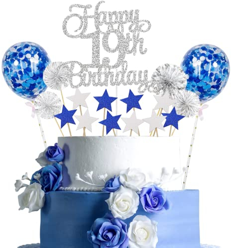 Tortendeko 19 Geburtstag Silber Blau Kuchen Topper Cake Topper 19 Kuchendeko Geburtstag Happy 19 Birthday Kuchen Deko 19 Geburtstag Junge Tortendeko 19 Geburtstag Mädchen 19. Geburtstag Kuchen Deko