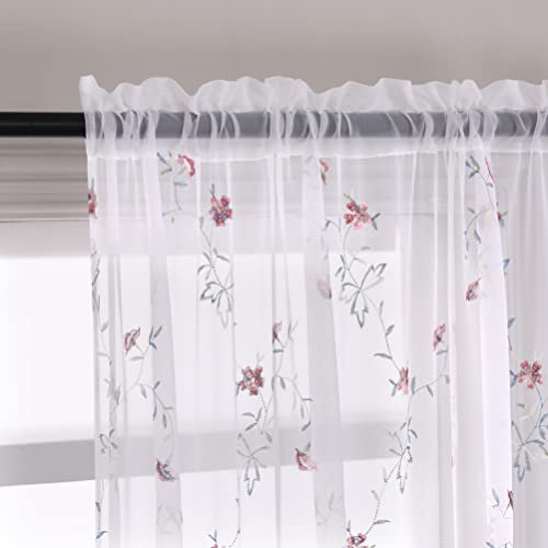 Taisier Home Transparente Vorhänge mit Blumendruck, Rankenstickerei, Schlafzimmer, Vorhangstange, Tasche, Voile, Fenstervorhänge für Wohnzimmer, 2 Stück, rote Knospen mit grünem Ast
