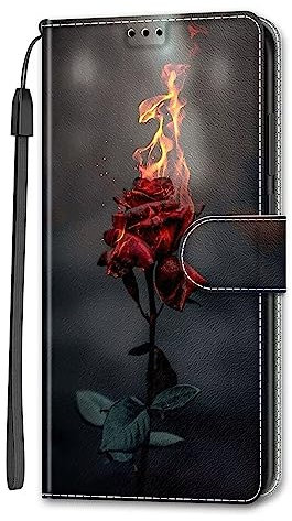 Rnrieyta Miagon Full Body Flip PU Leder Schutzhülle für Samsung Galaxy A70,Bunt Muster Hülle Brieftasche Case Cover Ständer mit Kartenfächer,Rose Feuer